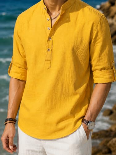 Image of Majestic Man Men's Pure Cotton Solid Mandarin Collar Slim Fit Roll-Up Sleeves Short Kurta Lightweight Summer Kurta for Daily & Occasion Use