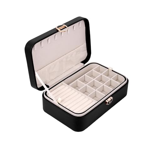 Image of BucketList Large PU Leather Jewellery Organizer Box with Necklace Hooks | Multi-Layer Jewelry Storage Case with Removable Tray & Secure Lock (PU Leather with Removable Tray (Black))