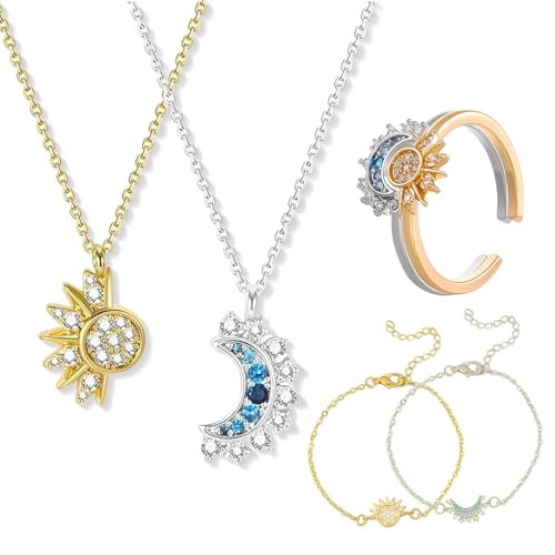 KOQAIIZ 6 Pièces Collier-Bracelet-Bague Set, Collier Couple, Bijoux Couple, Collier d'Amitié Pour 2, Collier-Bff, Collier Soleil et Lune, pour MèRe Fille...
