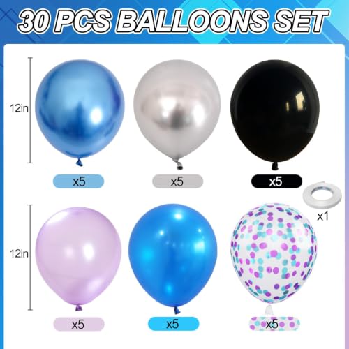Image of Black Blue and Purple Balloons, 12 Inch Metallic Blue Purple Black | Silver Confetti Balloons for Kids Boys Outer Space Astronaut Birthday Baby Shower Video Game Party Decorations