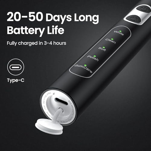 YUNCHI C3 Elektrische Schallzahnbürste für Erwachsene, 8 Bürstenköpfe und Reiseetui, Wiederaufladbare Elektrische Zahnbürste mit 5 Modi und USB Typ-C Aufladung, Mittelweiche Borsten, Schwarz – Bild 6