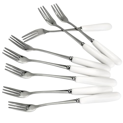 MEIYAHOME Fine Dessert Forks 18-10 Stainless Steel Fruit Fork(Creative White Ceramic Handle) Tasting Forks, 3-Tine Forks, sus304 6inch (8 Pcs)