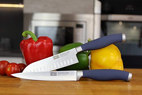 Taylors Eye Witness Syracuse Asian Kitchen Knife Set - Chefs Santoku 13cm/5” & Cooks All Purpose 13cm/5” Cutting Edge, Multi Use. Ultra Fine, Razor Sharp Blade. Soft Textured Grip Denim Blue Handle. - Image 5