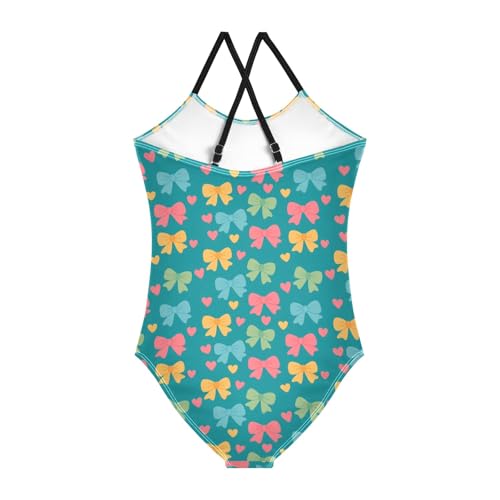 senya Girls Swimsuits One-Piece Swimwear Tie Bathing Suit Beach Summer Round Neck 9-10T Bow Heart Pattern2