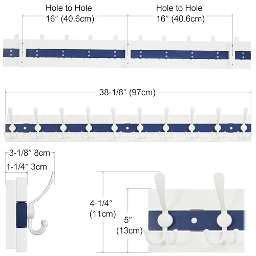Image of SKOLOO Coastal Coat Rack Wall Mount-38-1 /8 Beach House Entryway Wooden Coat Hook with 10 Hooks for Hanging Coats, Hats or Towels, Oceanfront Cottage Core Collection, White & Blue, Pack of 2