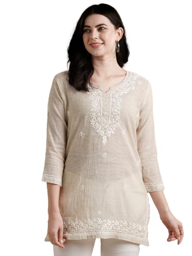 Image of Ada Women's Cotton Straight Fit Straight Hand Embroidered Lucknowi Chikankari Khadi Short Kurti Top A911388 Fawn