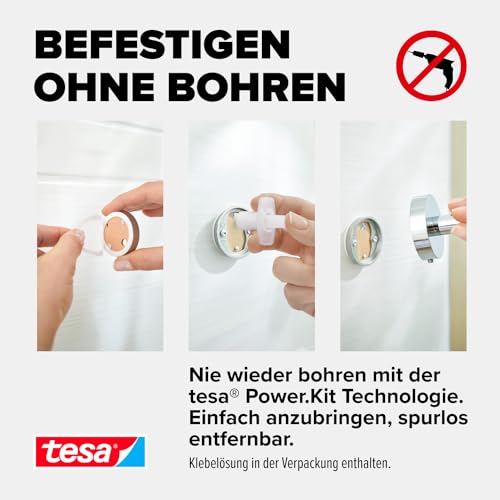 tesa SMOOZ Klebehaken, verchromt, runde Form - Bad-Haken zur Wandbefestigung ohne Bohren, inkl. Klebelösung - 37 mm x 37 mm x 37 mm