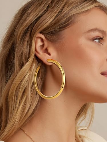 Image of Stainless Steel Chunky Hoop Earrings For Women, Minimalist and Chic, Black /Gold Plated, Round Hoops Earrings Hypoallergenic, Size: 30mm /40mm /60mm /80mm, Come with Box