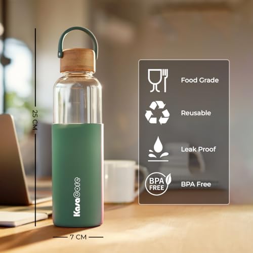 Image of Borosilicate Glass Water Bottle 500 ml | Leakproof Bamboo Lid & Silicone Sleeve | BPA Free Reusable Drinking Bottle for Office, Gym, Travel & Daily Use