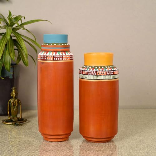 Image of Aakriti Art Creations Sunset Glow Terracotta Decorative Vases Set of 2 | Handmade Red Matte Finish Flower Vases for Living Room Room Decor | Modern Art Show Pieces for Home Decor Living Rooms