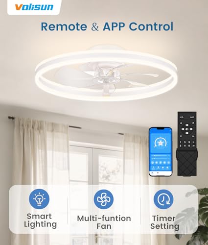 Image of VOLISUN Low Profile Ceiling Fans with Lights and Remote, 24in Flush Mount Ceiling Fans with Light, 3000K-6500K Dimmable Fandelier LED Fan Light, White Bladeless Ceiling Fans with Lights for Bedroom