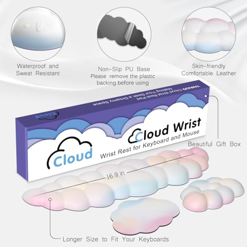 Image of Cloud Wrist Rest Keyboard Palm Rest with Non-Slip Base for Computer Gaming Wrist Rest, YAMJUG Cloud Arm Rest Keyboard Wrist Pad Rainbow | Full 4-Piece Set, Non-Slip PU Base, Soft Memory Foam Comfort For Long Work /Gaming Hours, Cute Desk Decor, Easy To Clean