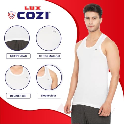 Image of Lux Cozi 100% Cotton Men Sleeveless Round Neck Vest - Modern White Baniyan for Men, Pack of 3
