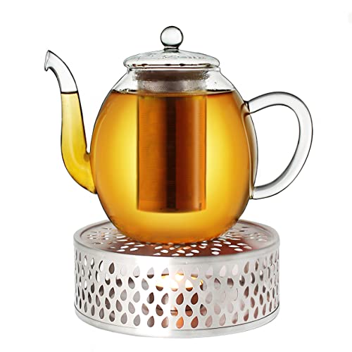 Creano Teekanne aus Glas 1,0l + EIN Stövchen aus Edelstahl, 3-teilige Glasteekanne mit integriertem Edelstahl Sieb und Glasdeckel, ideal zur Zubereitung von losen Tees, tropffrei