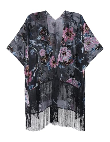 Image of MJ SERECA Women's Burnout Velvet Kimono Cardigan Cover Up with Tassel