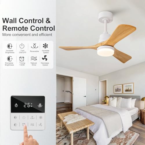 Image of 36 Inch Outdoor Ceiling Fans with Lights and Remote Control, Dimmable 3 Blades Wood Outdoor Ceiling Fans for Patios White Natural Wood Bedroom Ceiling Fan with Light, Wall Switch