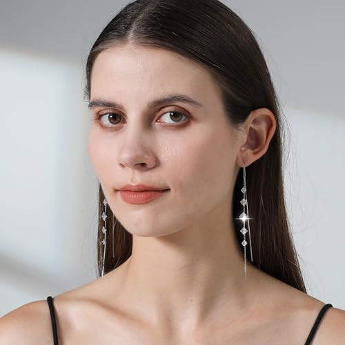 Ritach Silver Dangle Earrings for Women Long Silver Threader Prom Earrings Sparkly Dangle Drop Cubic Zirconia Jewelry for Gifts2