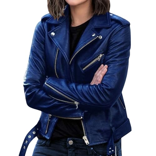 Manteau de moto en similicuir pour femme, blouson aviateur, style motard, automne 2025, bleu marine, taille S