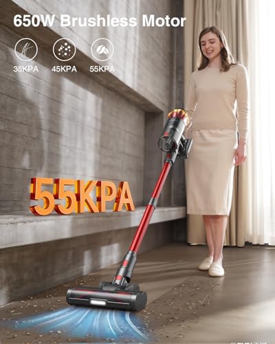 Cordless Vacuum Cleaner, 650W 55KPa 70Mins Vacuum Cleaners for Home, Self-Standing Stick Vacuum with Anti-Tangle Brush & OLED Touch Screen, Vacuum Cleaner for Hardwood Floors,Carpet,Pet Hair,Car (Red) - Image 3