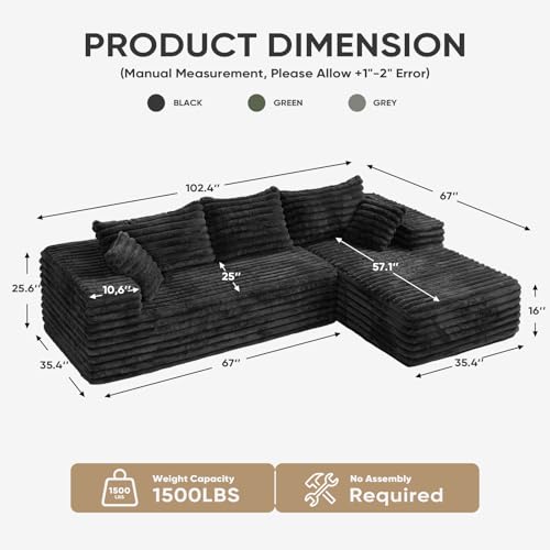 Image of 2 inch Corduroy Boneless Couches for Living Room, L Shape Sofa with Chaise | 102.4 inch Modular Sectional Sofa, Cloud Couch Sectional with Deep Seat, No Assembly, Black, Right Chaise