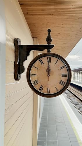 Image of S.N. Enterprises. Double-Sided Wall Clock | 12 Inch Roman Numeral Hanging Station Clock with Wooden Bracket | Antique Home & Cafe Decor