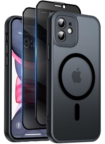 Qasyfanc Funda Magnética para iPhone 11 Compatible MagSafe con 2 Privacidad Cristal Templado Antiespia, Protección de Cámara Carcasa Translúcida Mate Trasera, Fina Antigolpes Negro