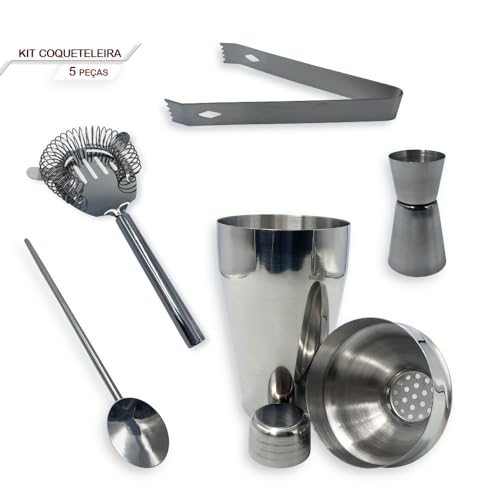 Kit Bartender Profissional, Coqueteleira 550ml em Aço Inox, 5 Peças para Caipirinha