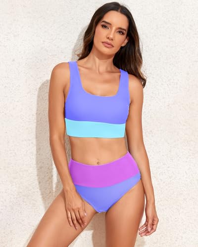 Womens High Waisted Bikini Set 2 Piece Color Block Swimsuits Sporty Full Coverage Bathing Suit Teens Girls4