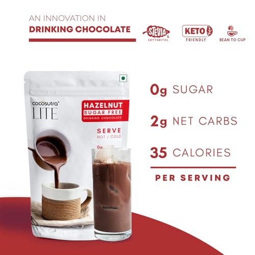 Image of COCOSUTRA LITE - SUGAR FREE Drinking Chocolate Mix - Hazelnut | Zero Sugar, Low Carb, Low Calorie | Stevia & Erythritol based | Keto Friendly Hot Chocolate | Vegan | Enjoy hot or cold | 200 g