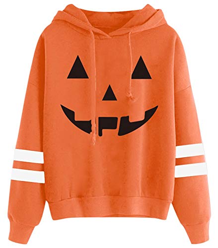 Halloween Hoodie Womens Jack-O-Lantern Funny Graphic Pullover Top Striped Long Sleeve Sweatshirt S