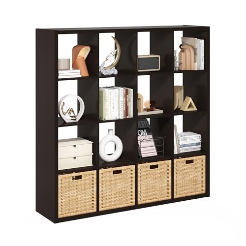 Furinno Cubicle 16-Cube Book Shelf Extra Thick Frame Bookshelf Dark Oak
