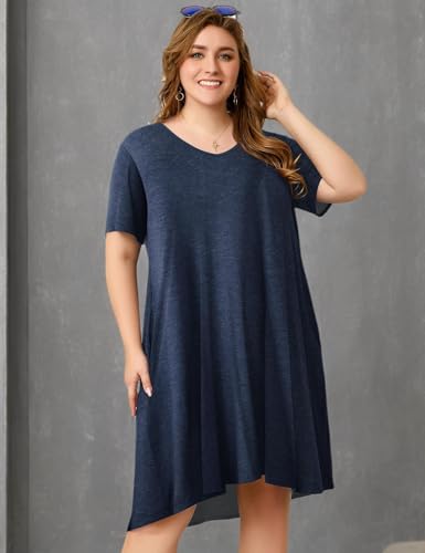 Image of OVERWORETY Womens Short Sleeve Plus Size T-Shirt Dress V Neck Casual Loose Swing A-Line Summer Tunic Dresses with Pockets