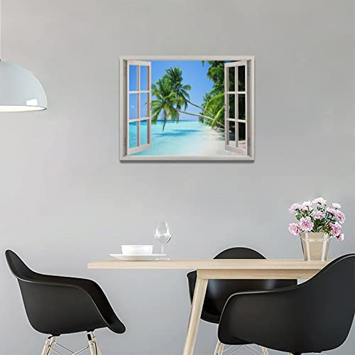 Tropical Palm Beach Wall Art Coastal Ocean Bathroom Pictures Wall Decor 3D Window Canvas Prints Framed Modern Seascape Landscape Painting Artwork For Living Room Hotel Kitchen Offic 16"X12" #TOP3