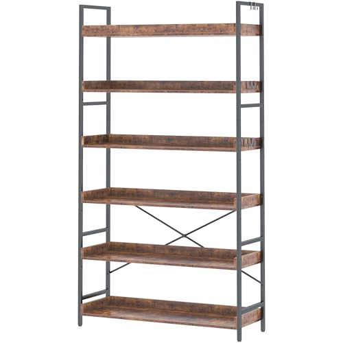HCHQHS Bookshelf, Adjustable Industrial Bookcase, Vertical Tall Book Shelf, Wood and Black Metal Open Bookshelves for Home Office, Living Room, Bedroom (Rustic Brown, 6-Tier (31' W x 70' H))