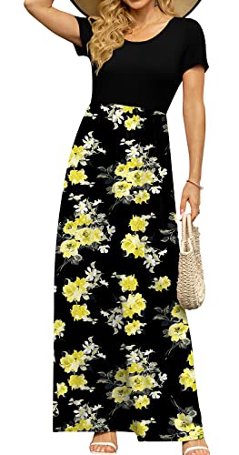 Image of DB MOON Womens Casual Maxi Dresses Short Sleeve Empire Waist Long Dress for Beach with Pockets(Yellow Floral Black, L)