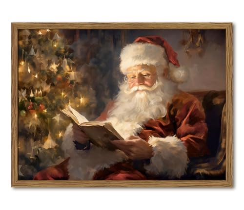 Framed Vintage Christmas Canvas Wall Art, Santa Claus Reading Book Paintings Wall Decor, Rustic...