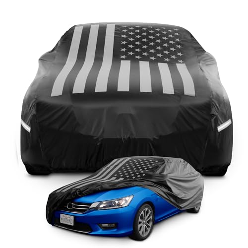 Image of Motor Trend Black USA Flag Waterproof Car Cover - All Weather Outdoor Protection, UV Resistant, Windproof, Scratchproof - Semi-Universal Fit Sedan Full Car Cover for Sun Rain Snow (171 inch- 190 inch Length)