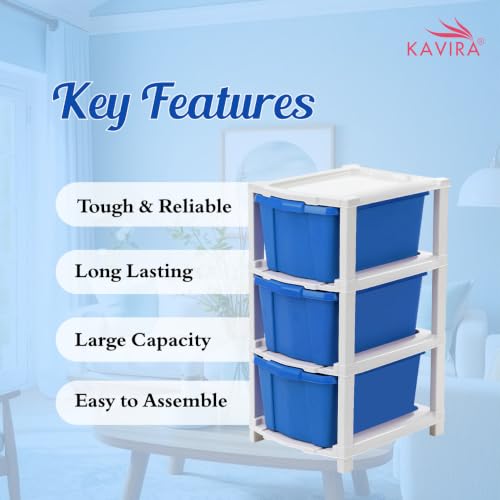 Image of Kavira Plastic Drawer Storage Tower - Space Organizer|Blue,3 Layer