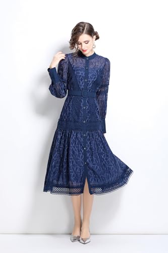 Image of LAI MENG FIVE CATS Women's Round Neck Lantern Sleeves Embroidery Button Layered Lace Hem Midi Dress with Belt