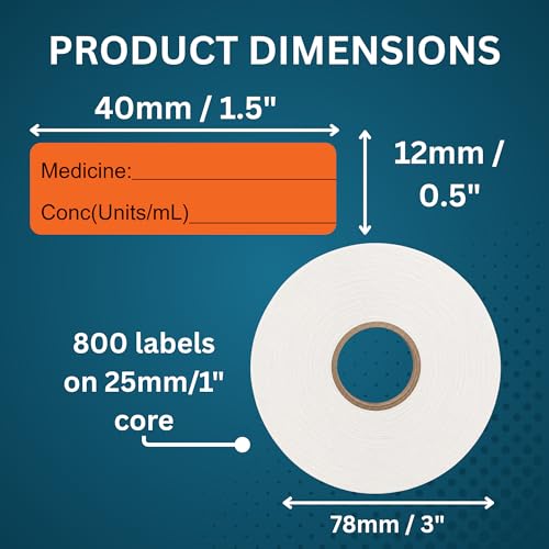Image of Orange Medicine Syringe Labels (Units /mL) - 800 Medication Labels Stickers, 12mm x 40mm, for Hospitals, Pharmacy & Vet