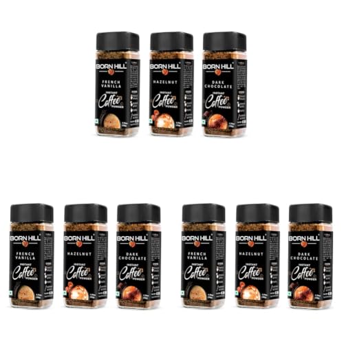 Image of BORN HILL Flavored Instant Coffee Combo, 3x50g | Hazelnut, French Vanilla & Dark Chocolate Flavours | Makes 50 cups | 100% Arabica 0% Chicory | Hot & Cold Brew (Pack of 3)