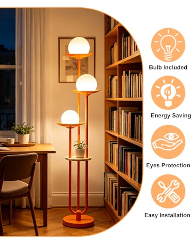 Image of Lightdot Globe Orange Floor Lamp with Shelf 3-Lights Modern Dimmable Floor Lamps for Wedding /Party, 3000K Warm White Bulbs Included, Tall Standing Lamp for Living Room /Bedroom /Sofa Beside /Corner Decor