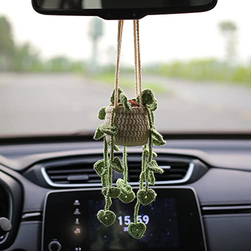 Talataca Succulent Handmade Crochet Car Ornament, Cute Potted Plant, Boho Basket Knitted Rear View Mirror Accessories, Woven Rearview Hanging Charm, Christmas Tree Decor #TOP7