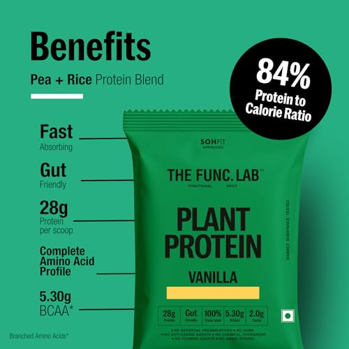 Image of The Func. Lab Plant Protein - Vanilla Travel Packs | (4 * 35g Sachets) Pack of 2 | 28g Protein per Scoop | Pea and Rice Blend | Vegan, Sugar‑Free, 100% Clean Label, Gut Friendly, Vegetarian
