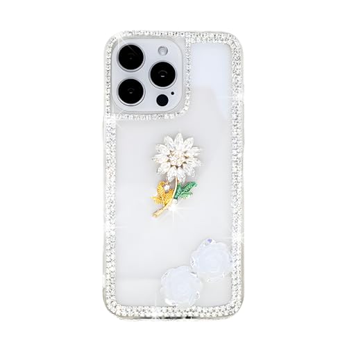 Ymyhyuxi Fundas para Samsung Galaxy A70 con diamantes de imitación en 3D de lujo con purpurina de cristal de girasol y rosas (blanco)