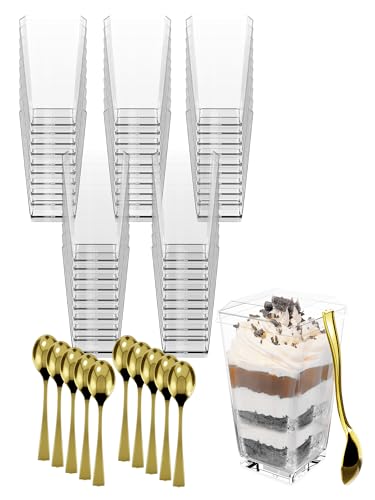 100 Pack 3 oz Mini Dessert Cups with Lids and Spoons (Gold Spoons...