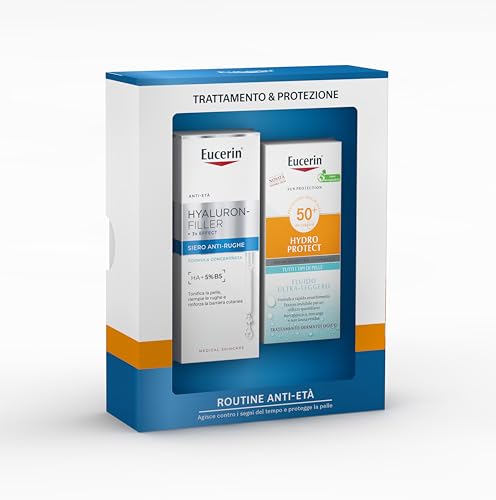 Eucerin Routine SUN Anti-Età Skincare Kit, Cofanetto regalo donna beauty con Hyaluron-Filler Siero Viso Antirughe 30 ml e Crema solare viso 50+ Hydro Protect Fluido Ultra Leggero SPF 50+ 50 ml