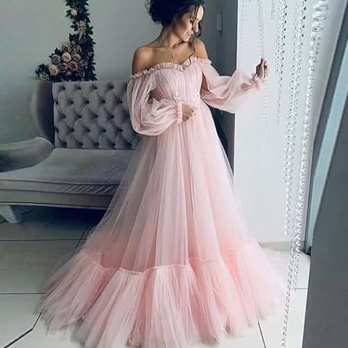 Tulle Off Shoulder Court Train Prom Dress Long Sweetheart Puff Sleeves Wedding Gown with Lace Up TPPD0024