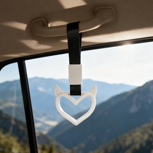 Image of 2 Pcs Devil Heart Shaped Car Handle Strap - Drift Charm Rear Bumper Warning Ring Decor for Car Interior Exterior, Subway Bus Handle Accessory, Cute Heart Car Decor Gift for Drivers (White)