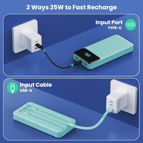 Image of Portable Charger 40800mAh Power Bank with 3 Built-in Cables,PD 25W USB C in&Out Power Bank Fast Phone Charging,QC4.0 5 Outputs Travel Camping Essential Battery Pack for iPhone 17 /16,Samsung etc-Green